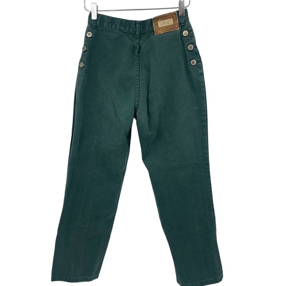 Vintage Lawman Western Green Denim Jeans Womens 9 Gold Logo Straight Buttons - Picture 1 of 11